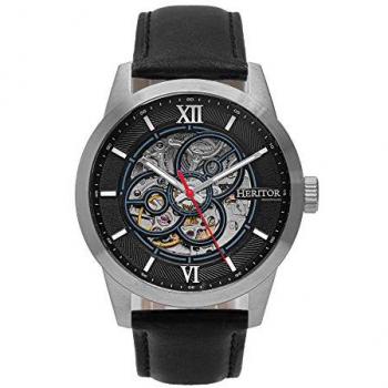 Heritor Automatic Skeleton Watch - Black Leather Band, Silver Stainless Steel