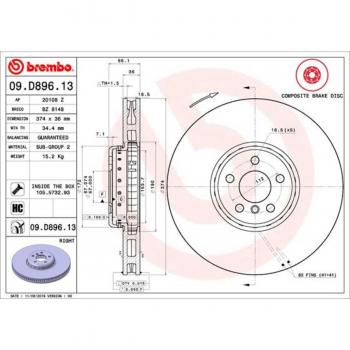 Disco de freno BREMBO 09D89613 frente, ventilado, altamente carbonizado, 1 pieza