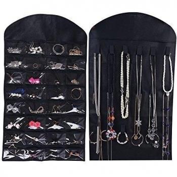 Ezigoo Amplio Organizador de Joyas Colgante de Doble Cara Negro armario para joyas- Soporte para anillos y pendientes, árbol de joyas. ¡Todo en uno!