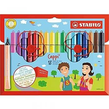 Marcadores de fibra STABILO Cappi, estuche de cartón con 18 colores y anillo en la tapa