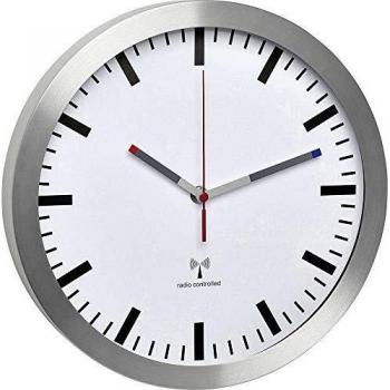 Reloj de Pared Radiocontrolado 300 mm con Movimiento Silencioso y Marco de Aluminio Blanco