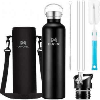 OMORC Botella Agua Acero Inoxidable, Aislada al Vacío de Doble Pared, Resistencia al Rayado, Funda Portátil al Gimnasio, Oficina, Ciclismo, Conserva Frío y Caliente Café, Fácil de Limpiar