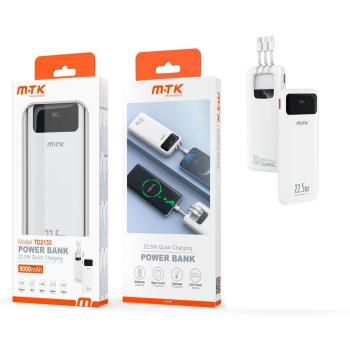 Power Bank TD2133 Blanco 9000mAh, Carga Rápida 22.5W, 1 Entrada Type-C, 5 Salidas (2 Type-C + Lightning + Micro USB + USB-A)