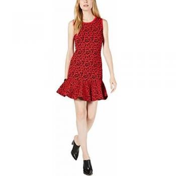 GUESS Womens Alberta Animal Print Flounce Sweaterdress Red L