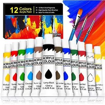 Set de 12 Tubos de Pinturas Acrilicas, Buluri 12 Colores x 12ml Pintura Acrílica para Tela, Cerámica, Arcilla, Madera y Tela