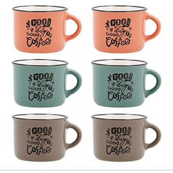 QUID FRAPPE DECO Set de 6 Tazas Cerámico Surtido 8CL Verde Decorado, Material cálido y natural, Apto Microondas, Diseñado en España