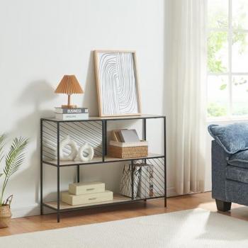 Mesa Consola Övertorneå - 100x30x75 cm - Negro/Efecto Roble con 2 Estantes para Sala, Pasillo y Oficina