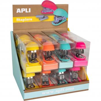 Grapadora Apli Fluor Collection Soft Texture 63mm con 1000 Grapas Plateadas - Pack de 16 en Colores Surtidos