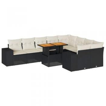 10-Piece Black Poly Rattan Acacia Garden Sofa Set with Cushions