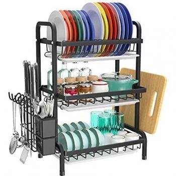 Escurridores de Platos con Bandeja de Goteo, Estante Grande de 3 Niveles para secar Platos con Tabla de Drenaje y Cubiertos/Soporte para Tabla de Cortar sobre el Fregadero