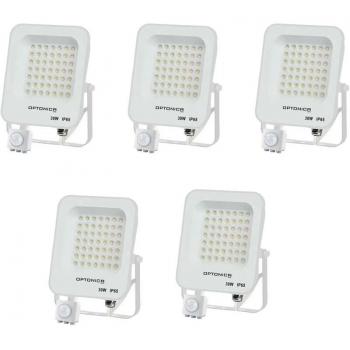 Conjunto de 5 Proyectores LED con Detector Blanco 30W IP65 2700lm Resistente al Agua 4500K