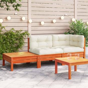 Sofá de jardín con cojines y reposapiés de madera de pino impregnada marrón, incluye cojines, fabricado en madera maciza de pino, diseño para terraza y exteriores