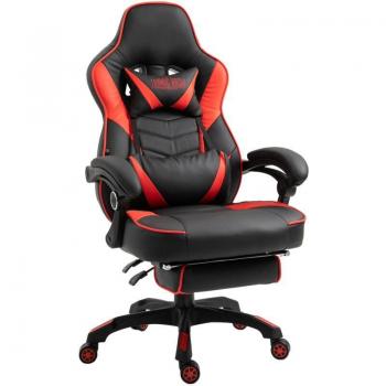 Sillón de oficina gaming con reposapiés telescópico, reposabrazos y cojines de refuerzo en PVC negro y rojo 10_0002669