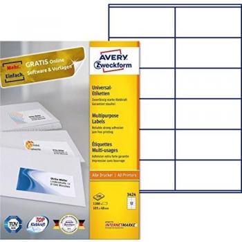 Etiquetas Universales AVERY Zweckform 3424, Autoadhesivas, 105 x 48 mm, Pack de 1.200 Etiquetas (100 Hojas)
