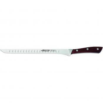 Arcos Serie Natura, Cuchillo Jamonero Flexible con Alveolos, Hoja de Acero Inoxidable Nitrum 250 mm, Mango de Madera Palisandro Marrón en Estuche