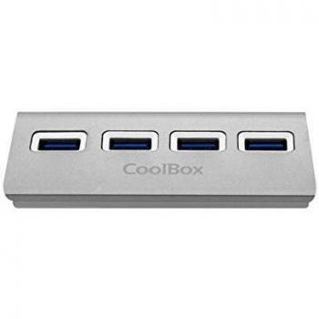CoolBox COO-HU4ALU3 - Hub de 4 Puertos USB 3.0, Acabado de Aluminio, Base Antideslizante, Soporte de Carga, Indicador LED. Color Plateado.