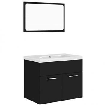 Conjunto de Muebles de Baño en Madera de Ingeniería Negra con Armario, Lavabo Empotrado, Fregadero, Grifo y Espejo