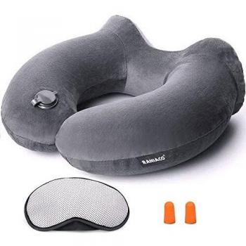 Raniaco Almohada Viaje, Inflable Almohada de Cuello Cervical, Soporte de Confort de Cuello con Máscara de Ojos, Tapones y Bolsa con Cordón, Cojín Lavable Almohada en Forma de U