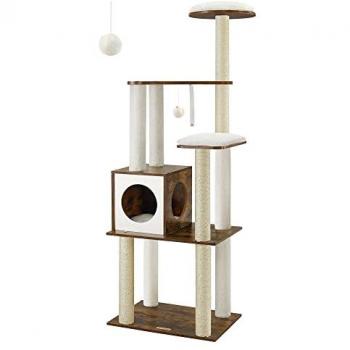 Árbol para Gatos 165 cm Multi-Niveles Marrón Rústico con 5 Postes para Arañar y Cojines Lavables y Desmontables