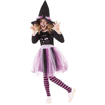 Disfraz de Bruja Felina para niña - Incluye vestido negro con detalles de gato, gorro de bruja, y capa. Tallas disponibles: S, M, L. Ideal para Halloween o fiestas temáticas