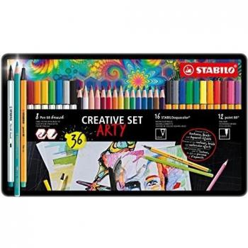 Estuche Creativo STABILO Arty 87/3193 con 12 Rotuladores Punta Fina Point 88, 8 Rotuladores Pen 68 y 12 Lápices Acuarelables Aquacolor