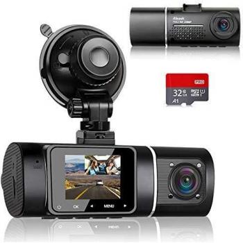 Abask Cámara de Coche con Tarjeta 32G, 170° Gran Ángulo Frente y 140° Gran Ángulo Cabina Full HD Doble 1080P Dash CAM, G-Sensor, Grabación de Bucle, HDR, Monitor de Aparcamiento