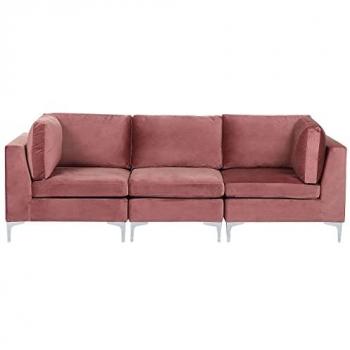 Sofá Modular 3 Plazas de Terciopelo Rosa con Patas de Metal Plateado Evja