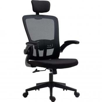 Vinsetto Silla de Oficina Ergonómica Giratoria con Altura Ajustable, Reposabrazos Plegable, Reposacabezas y Soporte Lumbar Regulables, Malla Transpirable 65x