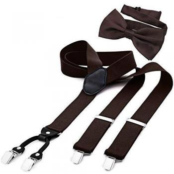 DonDon Tirantes para hombres ancho 3,5 cm en forma de Y, elásticos y ajustables en paquete de 2 con pajaritas adecuada 12 x 6 cm - Marron
