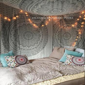 Raajsee - Tapiz para colgar en la pared, diseño de mandala, color gris y plateado, algodón, Blanco Plata Ombre, 140x210cms Twin