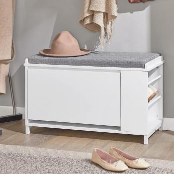 SoBuy FSR105-W Banco Zapatero Organizador de Zapatos con Cajón Plegable y Estantes Laterales, Dimensiones: 82 x 35 x 50 cm, Color Blanco