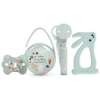 Set Regalo Suavinex Wonderland Bebé - Chupete Fisiológico, Pinza Chupete, Cajita y Mordedor de Silicona (4 Pcs) - Color Beige y Verde