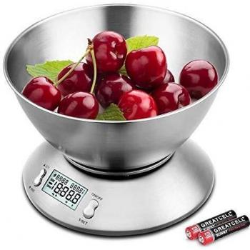 Uten Báscula Digital para Cocina con Bol Removible, 11 lbs / 5 kg, Acero Inoxidable, Retroiluminación Blanca, Alarma y Sensor de Temperatura, Pantalla LCD,