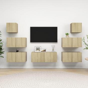 Set de muebles de salón TV 7 piezas madera ingeniería color roble Sonoma, incluye mueble TV, mesa de TV y estantes