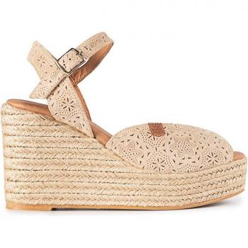 Sandalias de cuña de mujer POPA Benisa Grabado Beige con cierre de hebilla