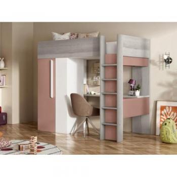 Cama Alta 90 x 200 cm con Armario y Escritorio Rosa y Blanco + Colchón - Nicolás