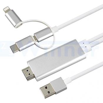Cable Adaptador HDMI 3 en 1, Lighting/Type-C/Micro USB a HDMI, Espejo de Pantalla Móvil a TV/Proyector/Monitor