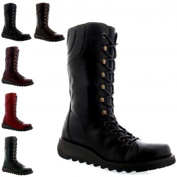 Fly London Women's Ster Mid-Calf Wedge Heel Lace-Up Boots - Black