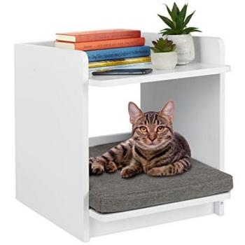 Mesa Auxiliar con Cama para Mascotas, Gatos y Perros Pequeños, 45 x 40 x 44,5 cm, Cojín Incluido, Color Blanco - Relaxdays