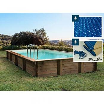 Kit de piscina rectangular de madera Tampa - 7,20 x 4,20 x 1,44 m - Cubierta de burbujas 400 µ - Cubierta de invierno 280 g/m²