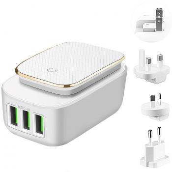 Cargador USB Portátil de Pared con 3 Puertos con Lámpara Táctil LED Cargador Móvil UK/AU/EU/US Adaptador de MeihuaTu para Ipad, Xiaomi,Huawei, Macbook y más-Blanco