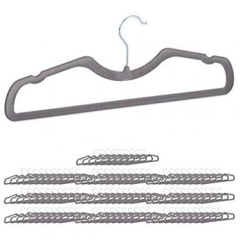 Set de 100 Perchas de Terciopelo Antideslizantes, Ahorra Espacio, con Barra y Muescas, Hierro, 42 cm Ancho, Gris