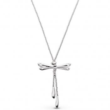 Collar Betterfly Uno de 50 - Colgante largo bañado en plata con libélula y alas