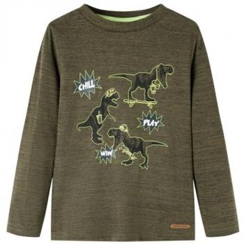 Camiseta Infantil Manga Larga Estampado Dinosaurios Jersey Caqui Oscuro 104