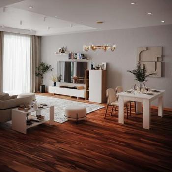 Pack Muebles de Salón Opole: Mueble TV, 2 Estanterías, Mesa de Centro y Mesa de Comedor en Blanco Mate y Roble Claro