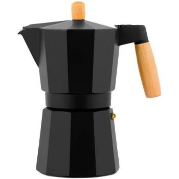 Cafetera Italiana BRA Market 6 Tazas Aluminio Negro Apta para Inducción Mango Madera de Haya Natural