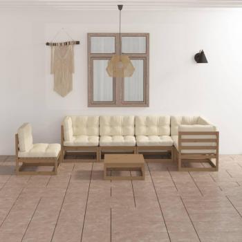 Juego de muebles de jardín 7 piezas con cojines sólidos de madera de pino