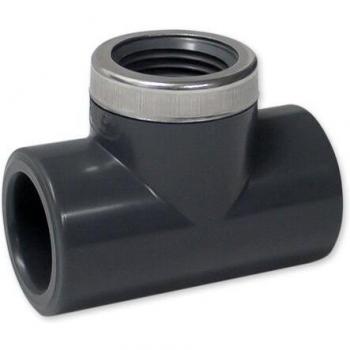 Tee de PVC-U 90° Refuerzo x IG 16 bar, Gris, Ø 20 mm x 1/2 x 20 mm (PN16)