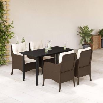 5-Piece Brown Poly Rattan Garden Dining Set with Cushions