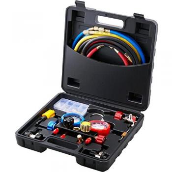4-Way Refrigerant Charging Kit with Manifold Gauge for R134A, R12, R410A, R22 - Includes 5ft Hoses and Couplers
